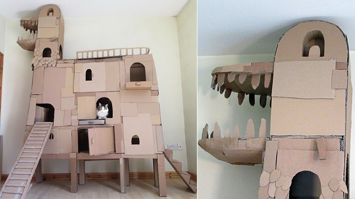 preposición Peculiar Ideal Espectacular casa para gatos con forma de dragón construida con cartón